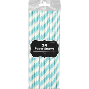 ROBINS EGG BLUE AND WHITE STRIPED PAPER STRAWS (PACK OF 24)
