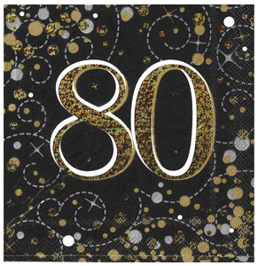 SPARKLING FIZZ BLACK AND GOLD 80TH HOLOGRAPHIC LARGE NAPKINS / SERVIETTES (PACK OF 16)