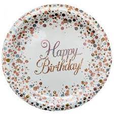 SPARKLING FIZZ ROSE GOLD HAPPY BIRTHDAY LARGE PAPER PLATES (PACK OF 8)