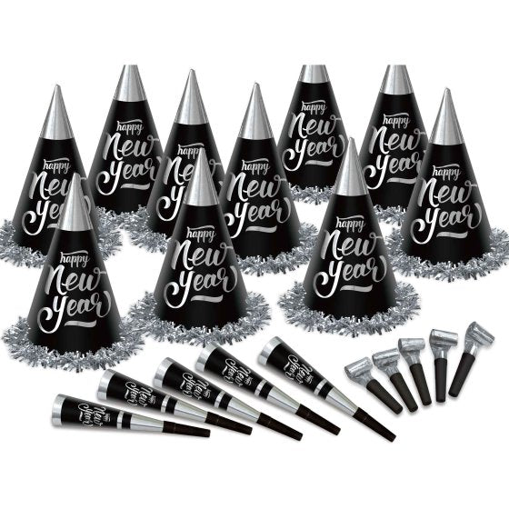NEW YEAR'S PARTY BOX KIT BLACK & SILVER FOR 100 PEOPLE