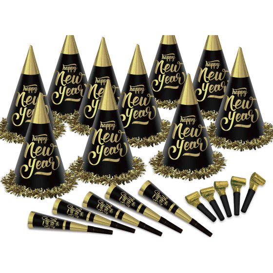 NEW YEAR'S PARTY BOX KIT BLACK & GOLD FOR 100 PEOPLE