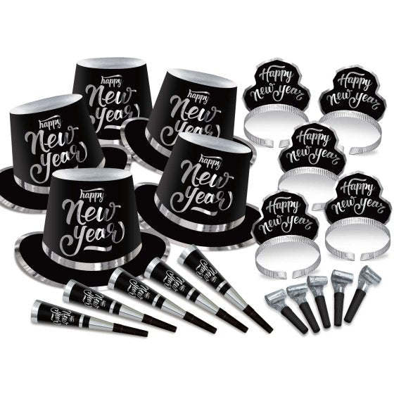 NEW YEAR'S PARTY BOX KIT BLACK & SILVER FOR 50 PEOPLE