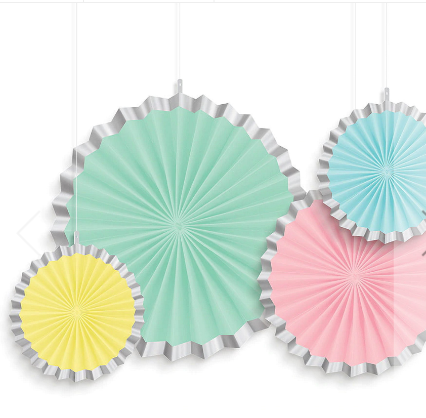 PASTEL COLOURED AND SILVER RIM PAPER FAN DECORATIONS (PACK OF 4)