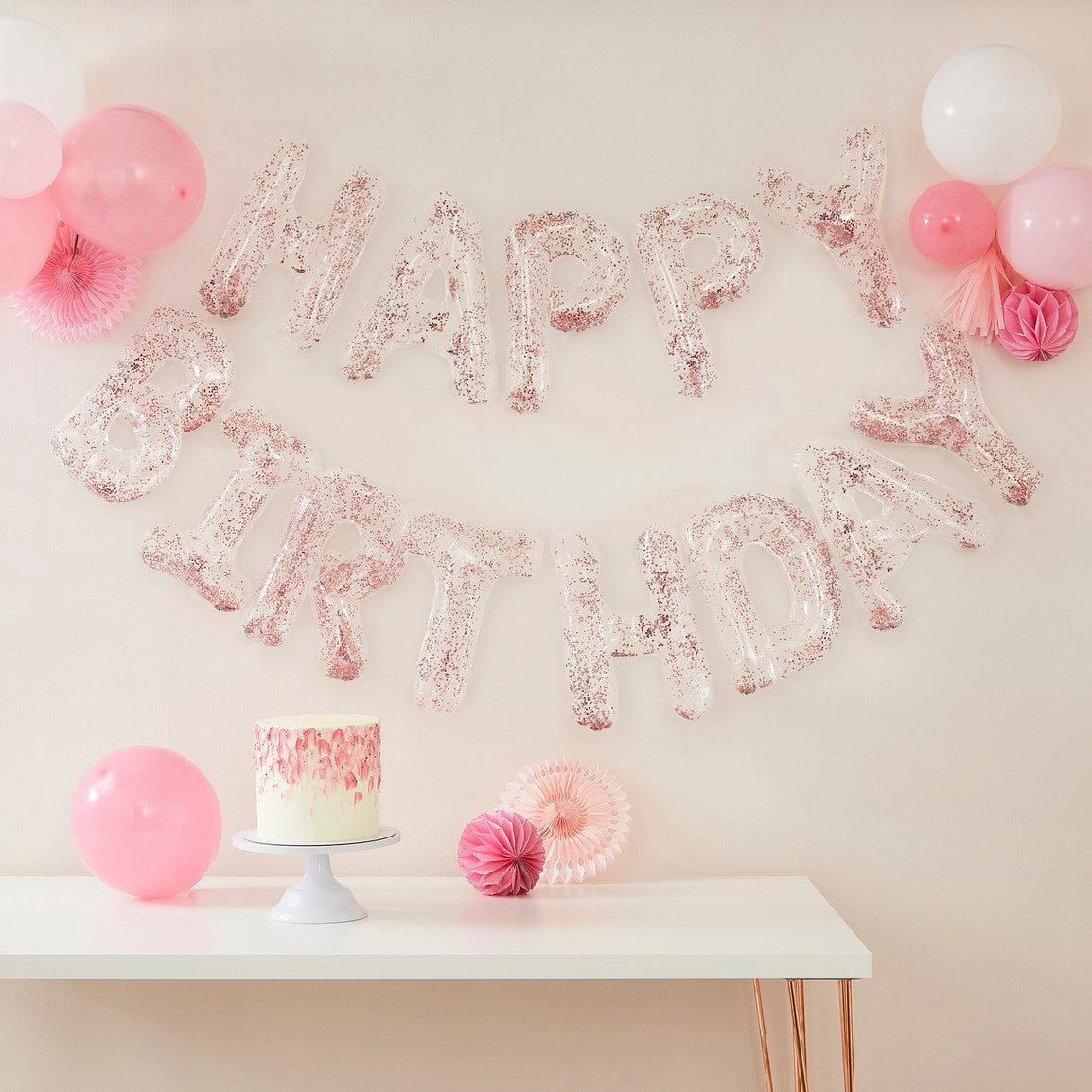ROSE GOLD CONFETTI FILLED HAPPY BIRTHDAY BALLOON BUNTING