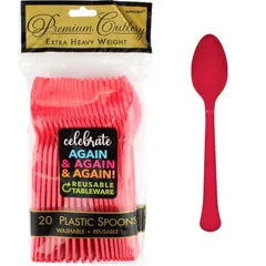 RED REUSABLE PLASTIC SPOONS (PACK OF 20)