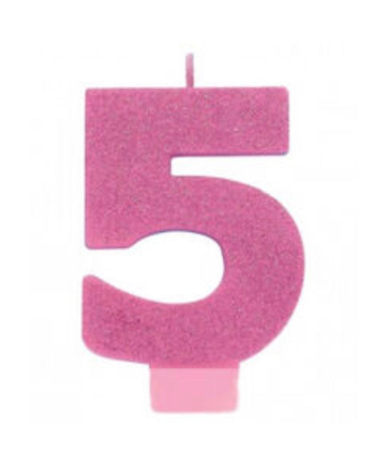 PINK GLITTER NUMBER 5 CANDLE
