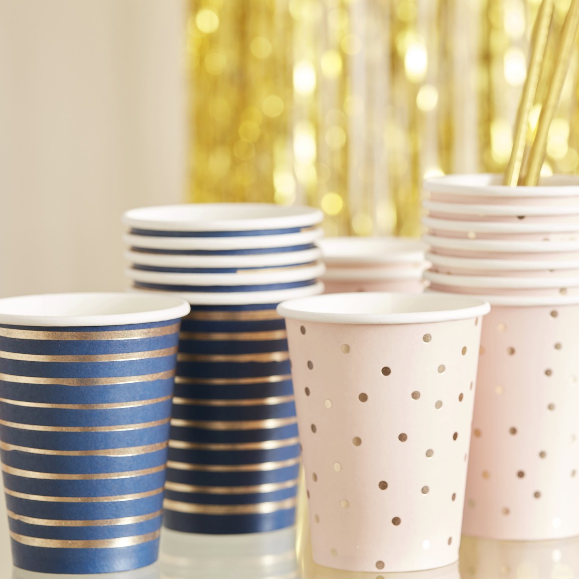 GOLD FOILED PINK & NAVY PAPER CUPS PK8