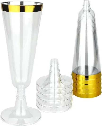 GOLD TRIM PLASTIC CHAMPAGNE GLASSES (PACK OF 6)