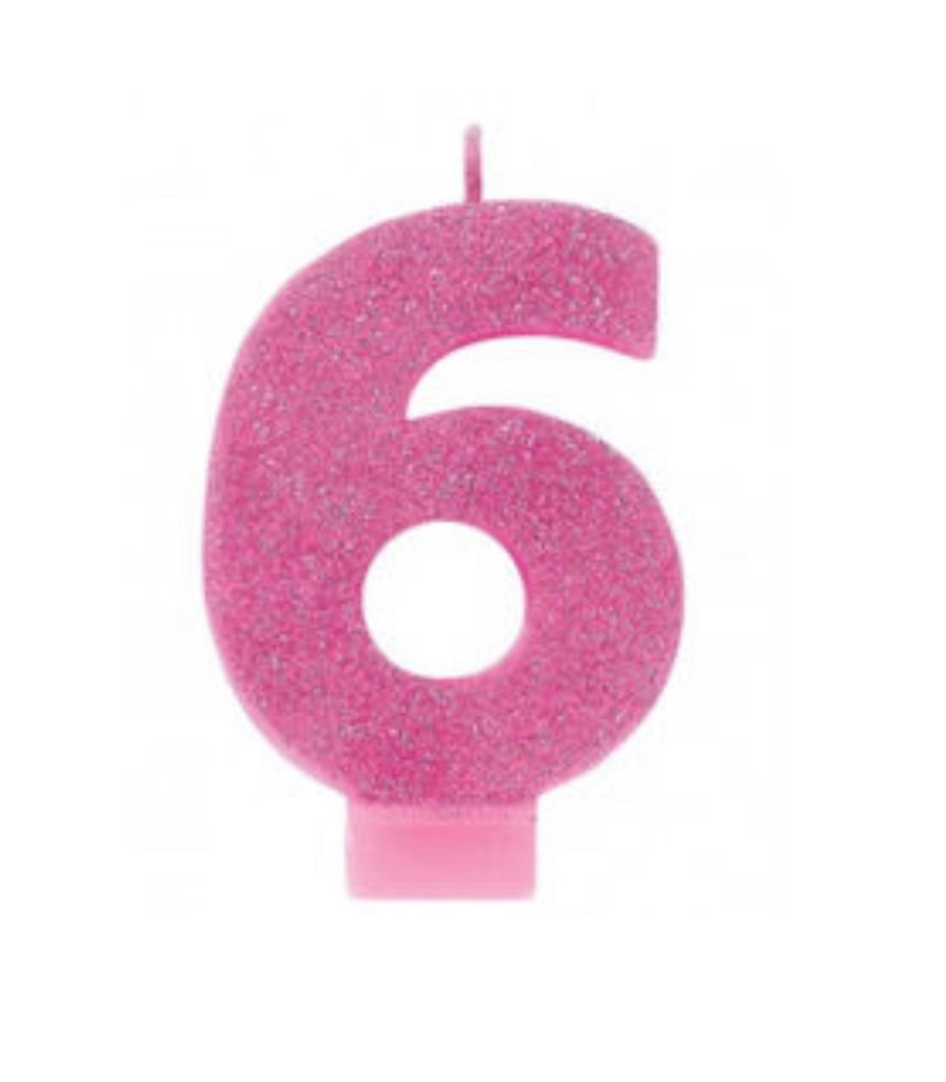 PINK GLITTER NUMBER 6 CANDLE