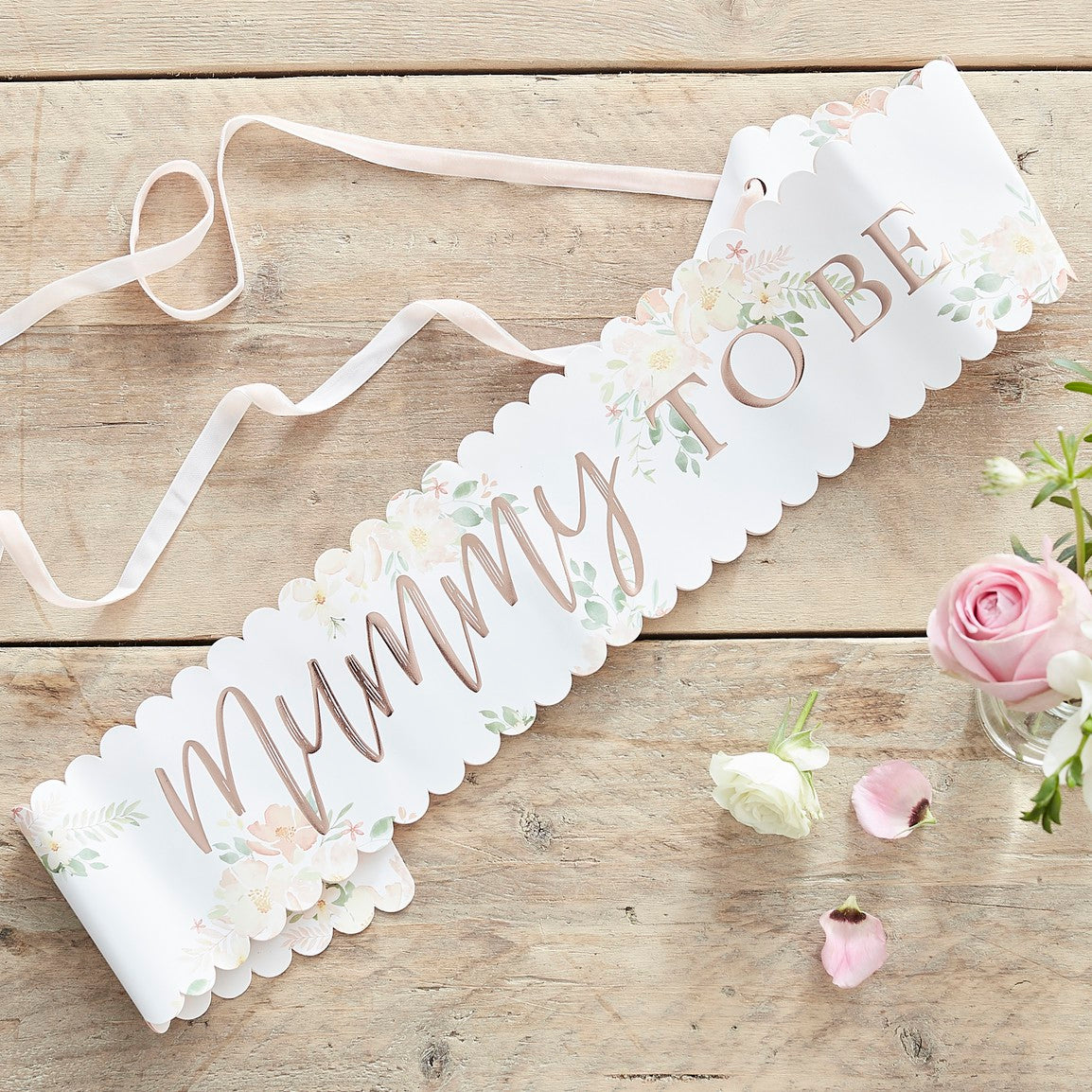 ROSE GOLD FOILED MUMMY TO BE FLORAL SASH