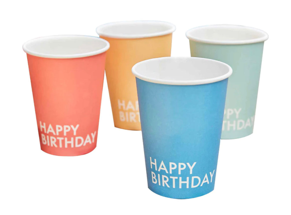 Mix It Up 9oz/266ml Paper Cups Happy Birthday Mixed Colours Pack of 8