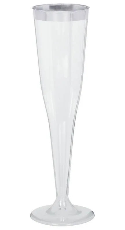 CLEAR PLASTIC CHAMPAGNE GLASSES WITH SILVER RIM (PACK OF 8)