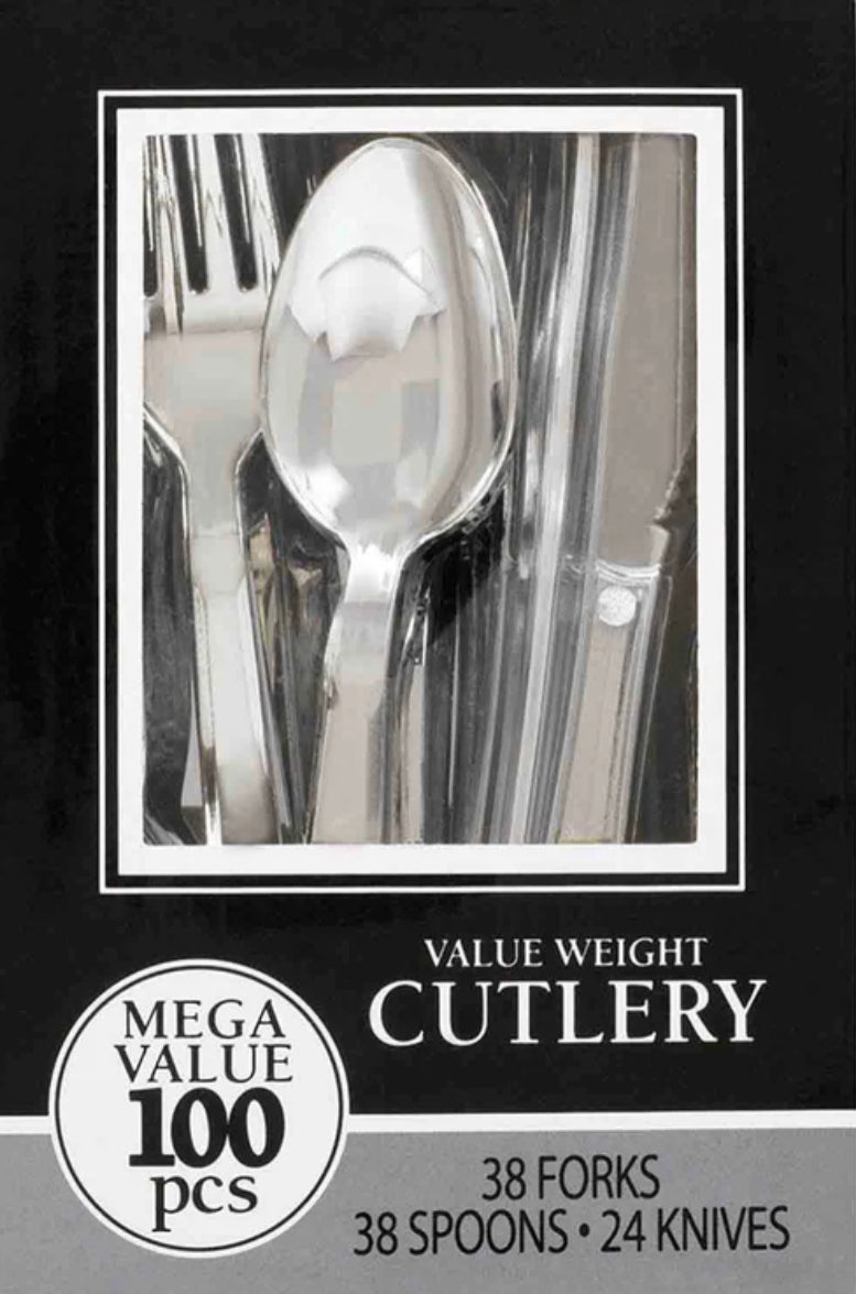 SILVER 100 PIECE BOXED PLASTIC CUTLERY SET