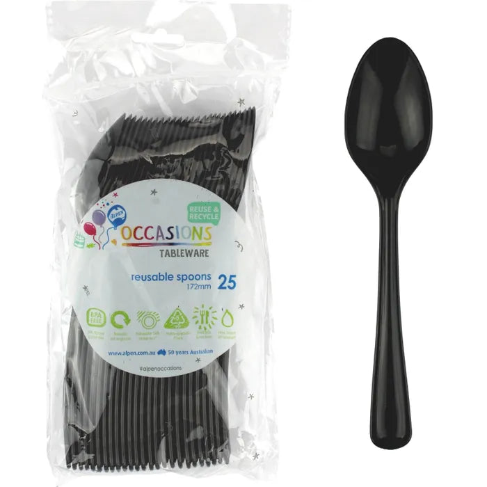 BLACK REUSABLE PLASTIC SPOONS (PACK OF 25)