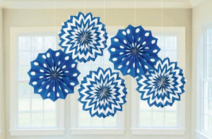 PRINTED PAPER FAN DECORATIONS 5 PACK - ROYAL BLUE