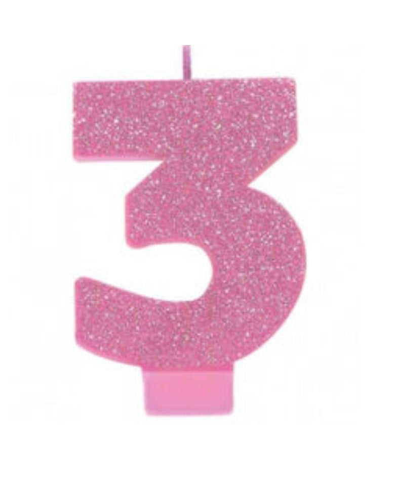 PINK GLITTER NUMBER 3 CANDLE