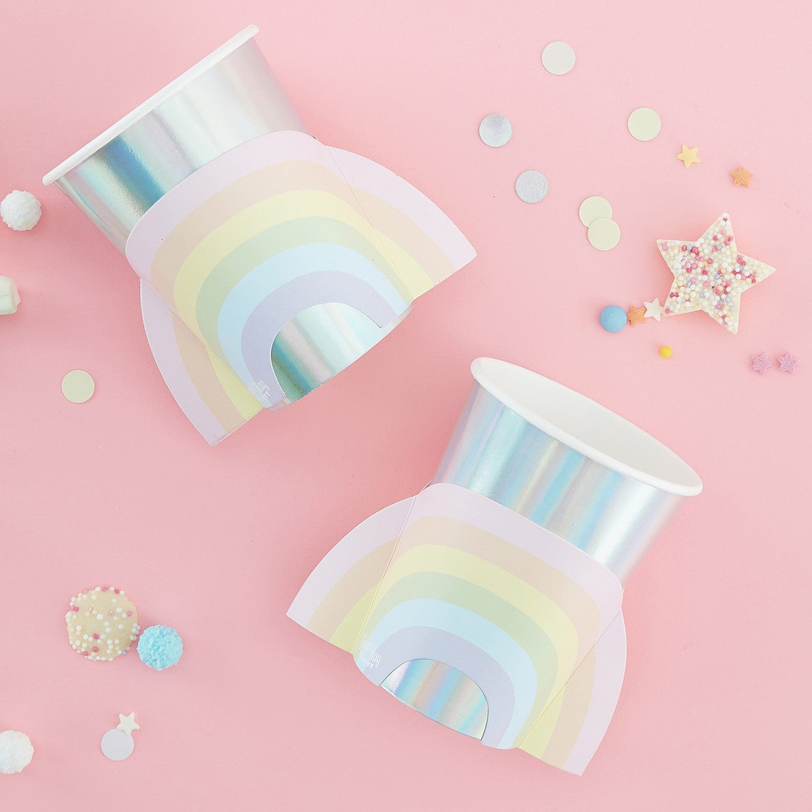 IRIDESCENT PAPER CUPS WITH POP OUT RAINBOWS
